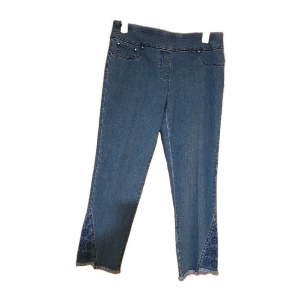 NWT Ruby Rd Party Time Jeans Womens Sz 10 Blue Corner Embroidered Frayed Hem